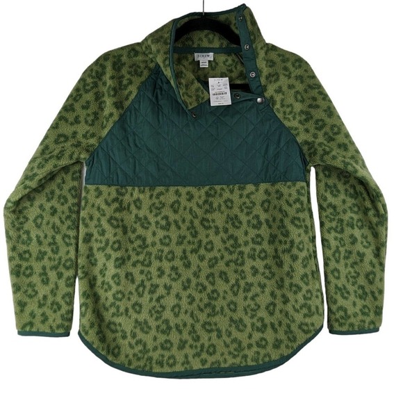 J. Crew Quilted Sherpa Fleece Women Snap Button Neck Green Pullover NEW - Picture 4 of 13